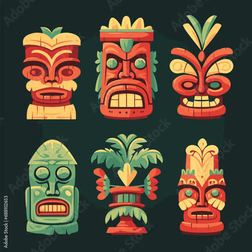 Hawaii tiki masks idols cartoon icon set. Vector icons isolated