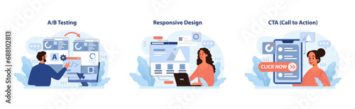 Digital marketing set. Man compares A B tests, woman enjoys responsive web layout, user engages with persuasive call-to-action. User experience optimization. Flat vector illustratio