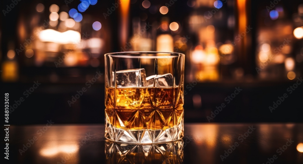 Glass of whiskey with ice cubes on wooden bar counter Glass of whiskey with ice cubes on wooden bar counter