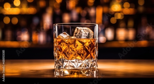 Glass of whiskey with ice cubes on wooden bar counter