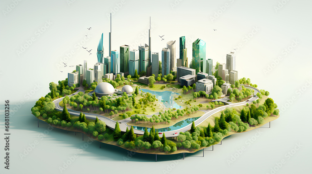 A modern city-island with skyscrapers, highways and cars, surrounded by natural landscape.  Eco-city concept.