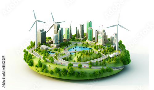 A modern city-island with skyscrapers, highways and cars, surrounded by natural landscape.  Eco-city concept. © Tanuha