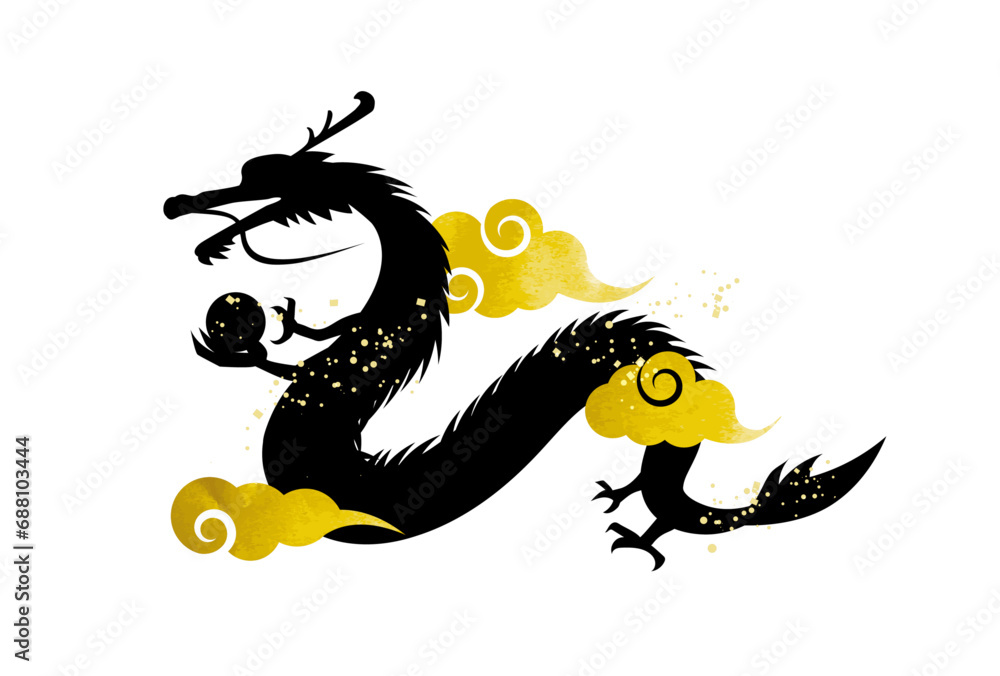 Naklejka premium 2024年 辰年 シルエット イラスト 中華風な雲