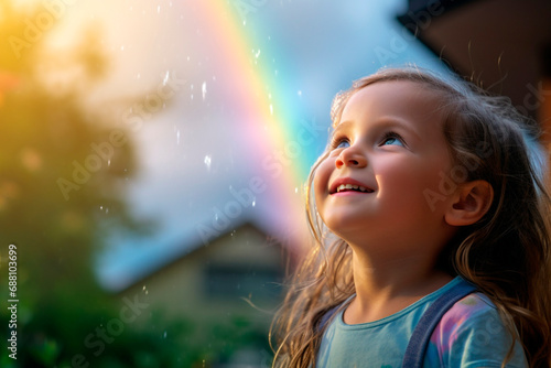A girl looks at a rainbow with a smile against the backdrop of a house yard
