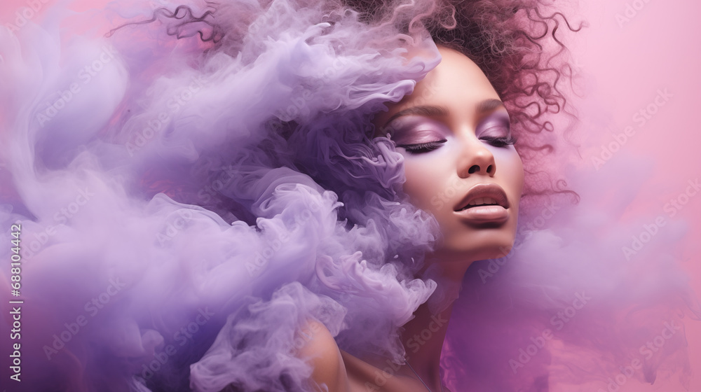 Woman surrounded by a violet cloud of smoke. Abstract fashion concept. Woman surrounded by a violet cloud of smoke. Abstract fashion concept.