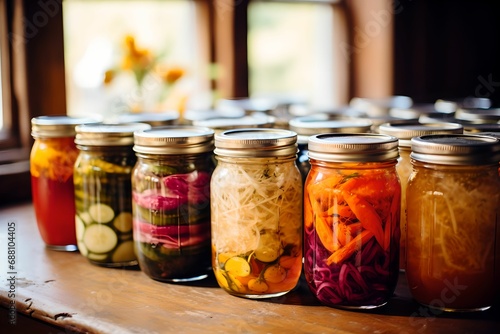 Vibrant Fermented Vegetables in Glass Jars, fermented vegetables, glass jars, culinary art, probiotics