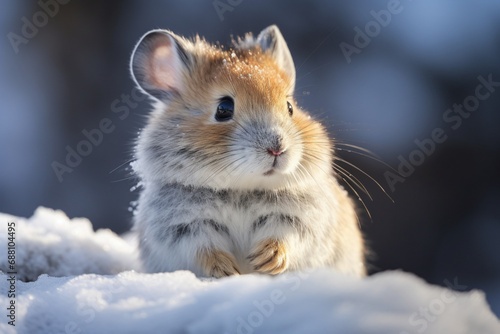 mouse in snow , mouse sit in snow, Close-up portrait of squirrel on snow covered field 