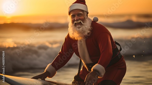 Embracing the Waves, Santa Claus, surfing lifestyle, sunset, active photo