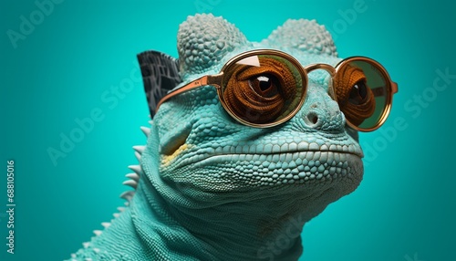 Portrait of artistically posing chameleon in jacket with stylish glasses photo