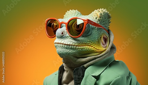 Portrait of artistically posing chameleon in jacket with stylish glasses