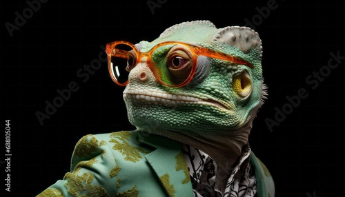 Portrait of artistically posing chameleon in jacket with stylish glasses