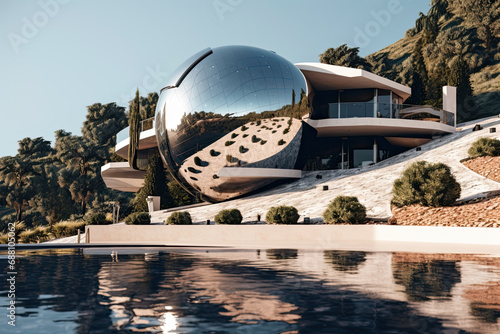 Concept house with futuristic transportation, sci-fi, futuristic home, waterfront modern house, modern architecture - GENERATIVE AI © Ziggys Emporium