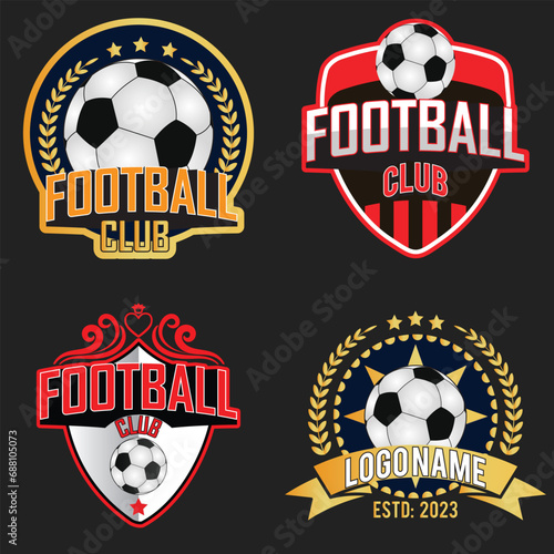 Set of football logos. Soccer Football, sports Badge Logo Design Templates. Set of Soccer logo collection. Football logo with shield background. Vector illustration of different football, soccer logo.