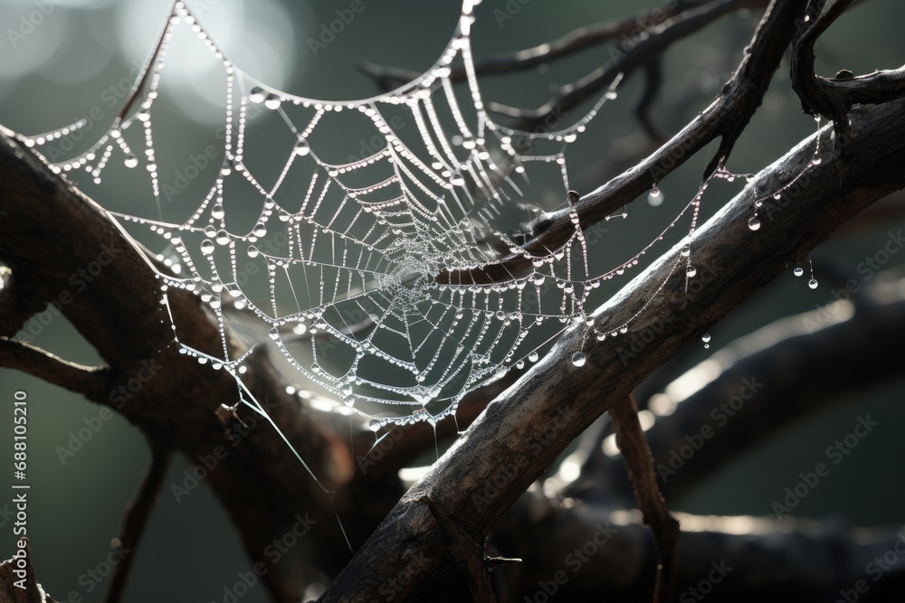 closeup of a spiderweb with dew drops on a tree