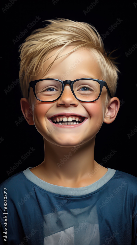portrait of a joyful boy with blond hair and glasses on a dark background portrait of a joyful boy with blond hair and glasses on a dark background