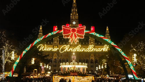 Historic winter Christmas market in front of the Rathaus (City hall) in Vienna, Austria