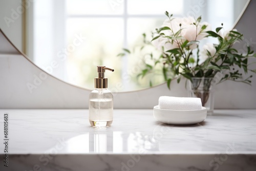 Marble table top with blurred bathroom interior background