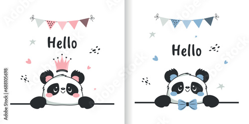 Cute panda bear. A girl and a boy. Vector illustration for postcards, invitations, covers, banners, posters and more.