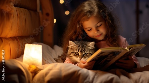 Little girl reading a book before bed with her cat