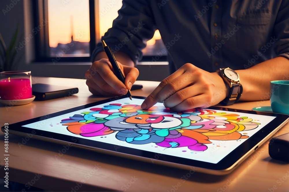 A close-up shot of someone's hand skillfully designing a vibrant cartoon vector using a tablet in a modern office A close-up shot of someone's hand skillfully designing a vibrant cartoon vector using a tablet in a modern office