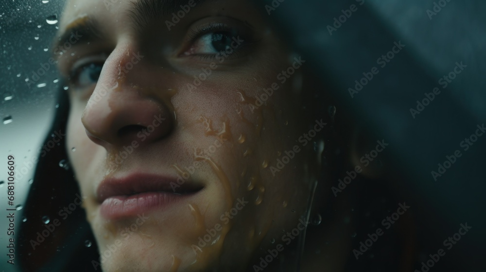 A young man in front of raindrops dripping on the window