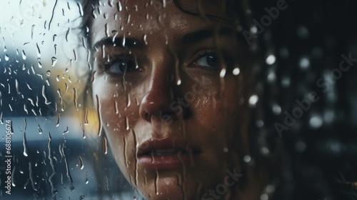 A young woman in front of raindrops dripping on the window