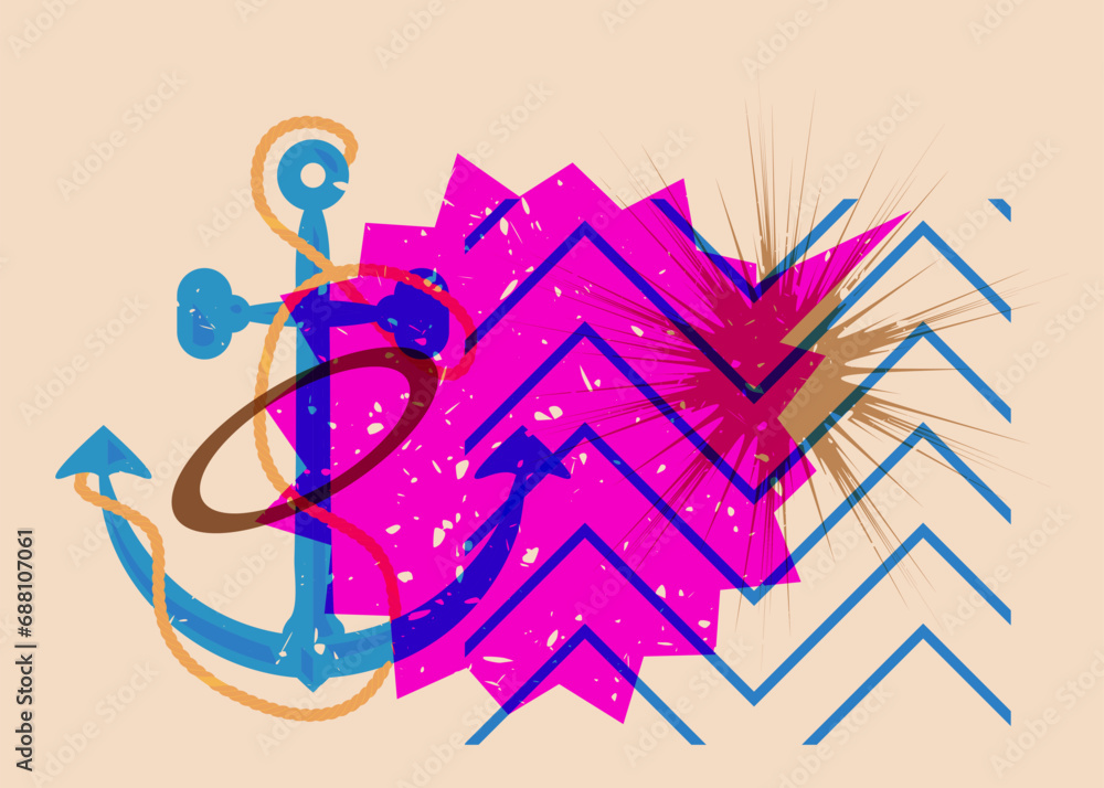 Risograph Anchor and speech bubble with geometric shapes. Nautical Object in trendy riso graph design, print texture style. Risograph Anchor and speech bubble with geometric shapes. Nautical Object in trendy riso graph design, print texture style.
