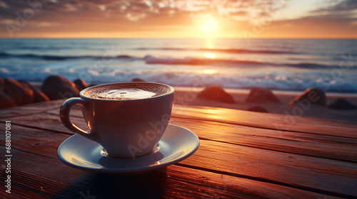 Hot cup of coffee on beach table with calm ocean and setting sun in background, AI Generated