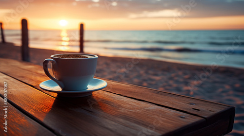 Hot cup of coffee on beach table with calm ocean and setting sun in background, AI Generated