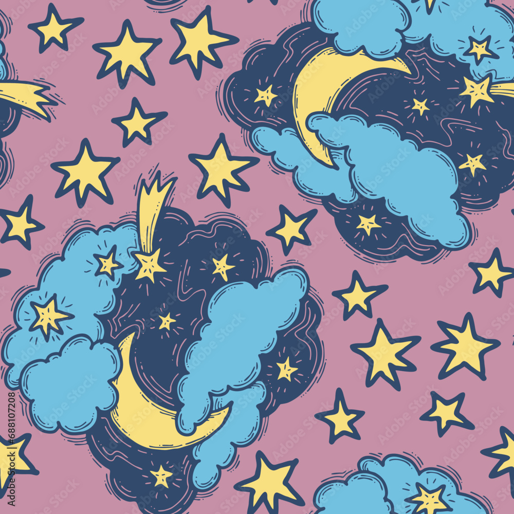 Starry night seamless vector pattern with moon, stars and clouds. Boho style decorative background for wallpaper, digital paper, wrapping design, fashion fabric, textile print. Hand drawn illustration