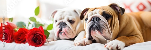 St. Valentine's Day greeting card or wide banner with cute and adorable Bulldog dogs lying on sofa with flowers decorative elements.