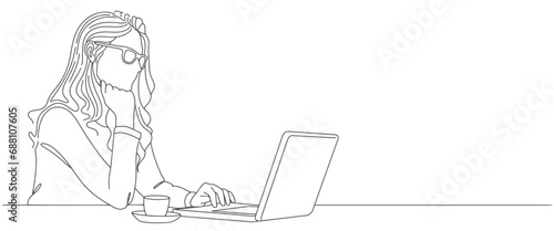 person in the office. Line art woman writing and study with help laptop.line art drawing of a woman. Business concept. Beautiful woman sits on the floor and holding laptop
