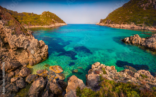 Rocky summer view of Pirates Bay  Porto Timoni  Afionas village location. Attractive morning seascape of Ionian Sea. Exciting outdoor scene of Corfu island  Greece  Europe.