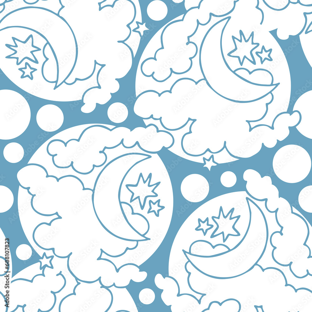 Starry night seamless vector pattern with moon, stars and clouds. Boho style decorative background for wallpaper, digital paper, wrapping design, fashion fabric, textile print. Hand drawn illustration