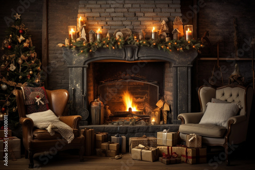 fireplace with Christmas gifts, fireplace, fireplace with Christmas decorations, Adorned Christmas Tree, Wreath, and Garland Inside Living Room