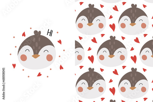 Cute cartoon penguin print and pattern in flat style. Pattern with penguin and hearts. Baby print in scandinavian style. Valentine day background.