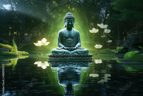 buddha in zen garden with glowing chakra © Kien