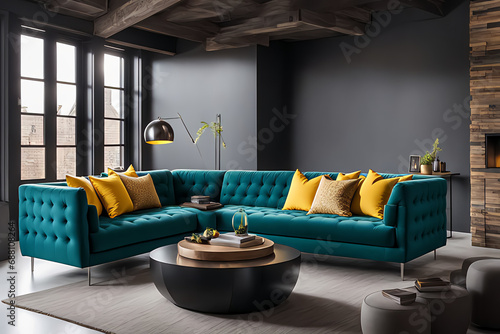 Loft home interior design of modern living room. Dark turquoise tufted sofa with virant yellow pillows. Side view photo