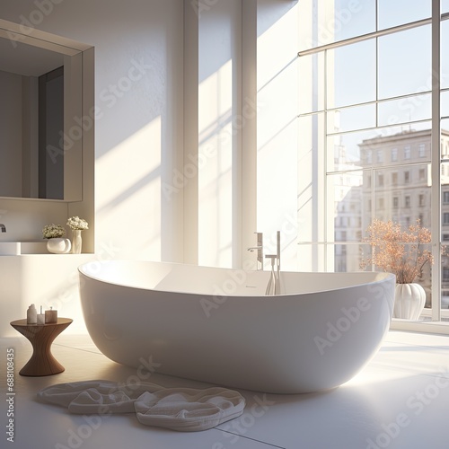 white ceramic bathtub in a minimalistic hotel bathroom with white interior