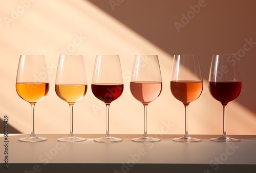 Six glasses filled with different types of wine arranged in line, beige background. Generative AI