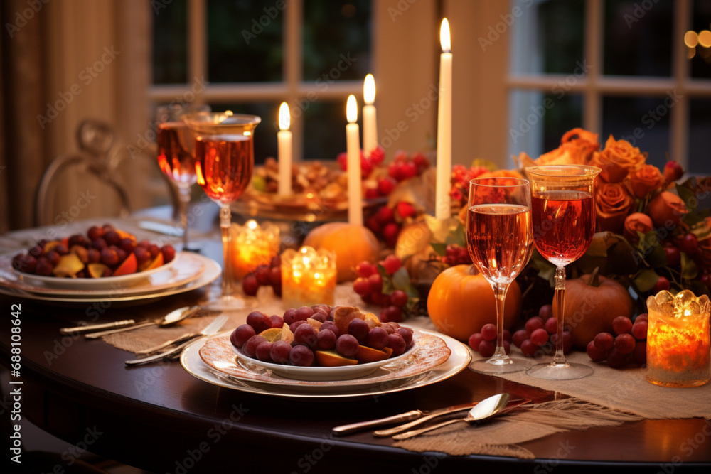 Christmas table setting, Christmas dinner table  Christmas table with candles, vine glass and fruits , cherry, red grapes  