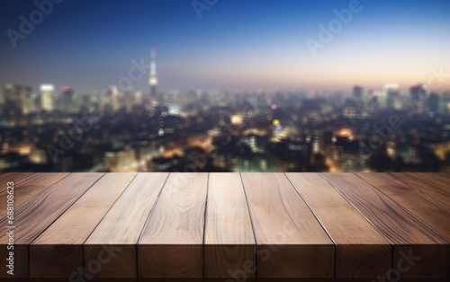 Wood table top with blurred Tokyo city night view background for website  copy space  for word  template  presentation