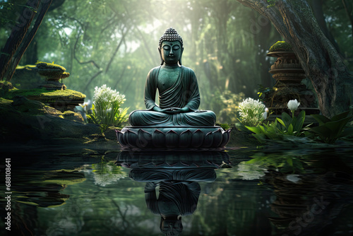 buddha in zen garden with glowing chakra