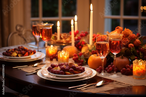 Christmas table setting  Christmas dinner table  Christmas table with candles  vine glass and fruits   cherry  red grapes  