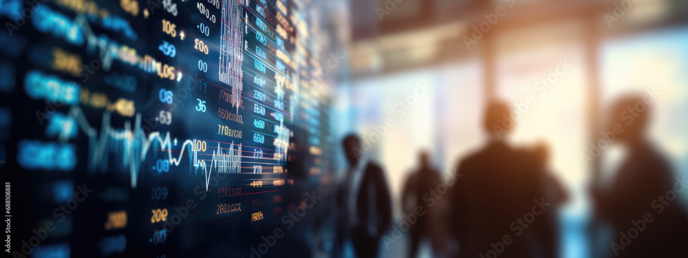 Blurred scene of people in a city looking at a digital stock market display, indicating real-time trading data with glowing numerical values. - obrazy, fototapety, plakaty 