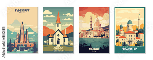 Vintage Travel Posters Set: Flagstaff, Arizona. Gaziantep, Turkey. Genoa, Italy. Glasgo, Scotland.