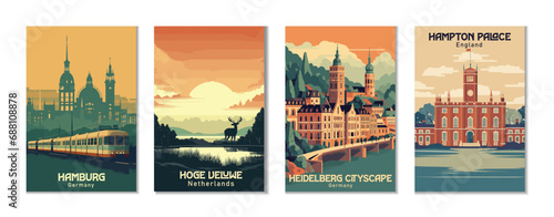 Vintage Travel Posters Set: Hamburg, Germany. Hampton Palace, England. Heidelberg Cityscape, Germany. Hoge Veluwe, Netherlands