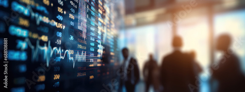Blurred scene of people in a city looking at a digital stock market display, indicating real-time trading data with glowing numerical values. © MP Studio