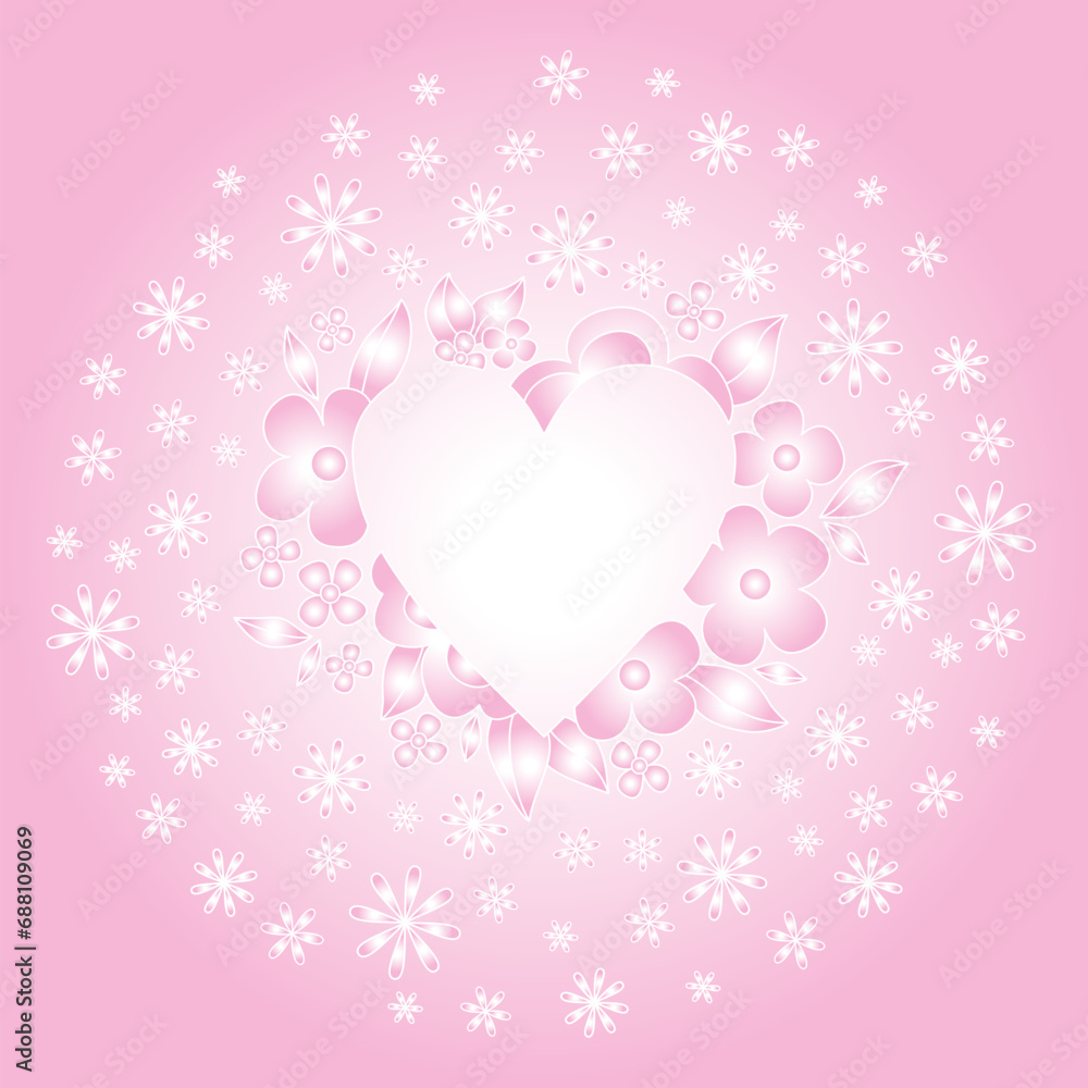 Pink background with heart and flowers. Pink vector illustration. Calm background classic style in pastel colors. Delicate decor for girl room.