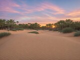 a park oasis bordered by gently curving sand dunes, captured during the golden hour of sunset.